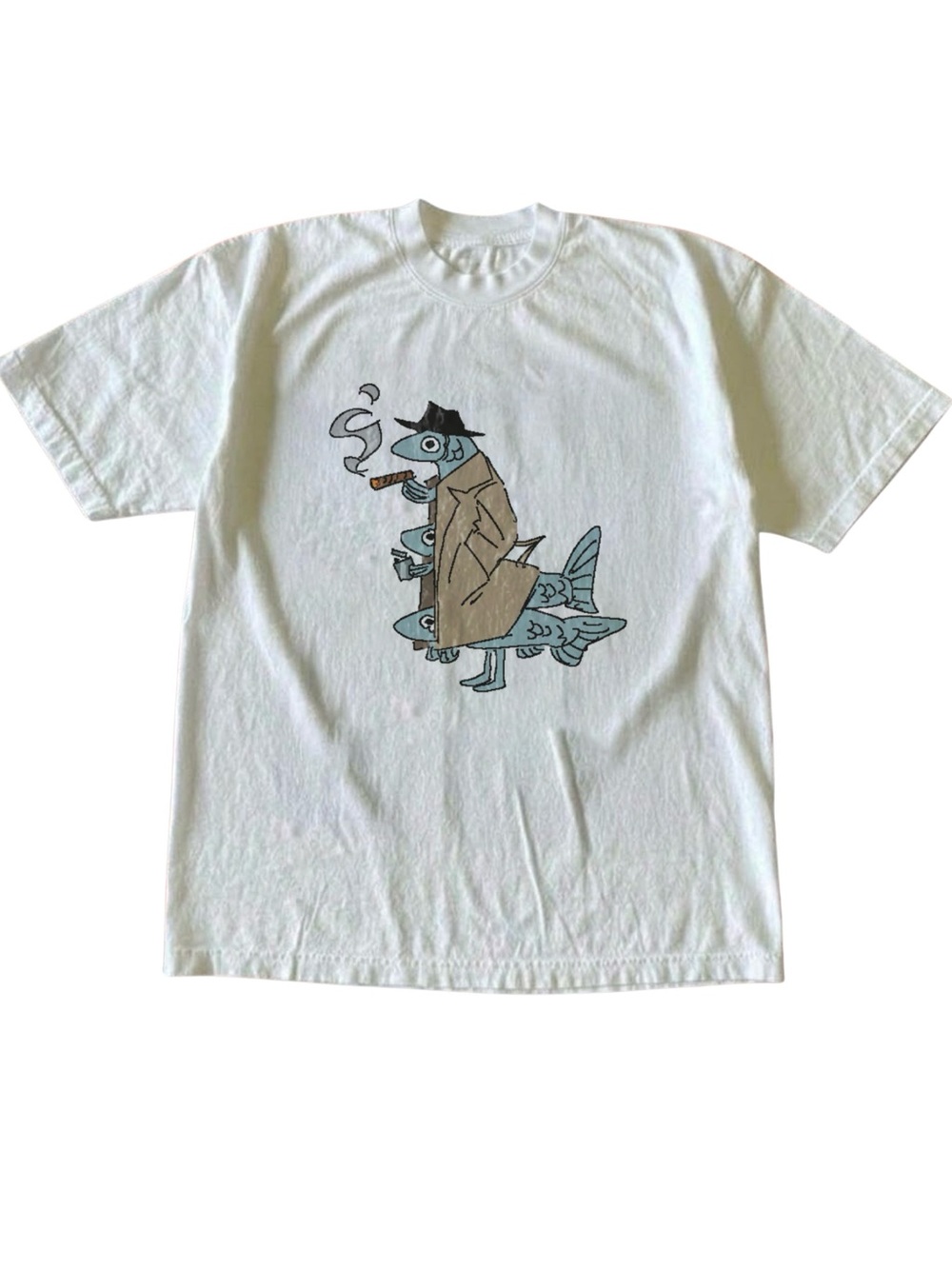 Gildan White Tee with Blue Fish Detective and Brown Trench Coat Graphic